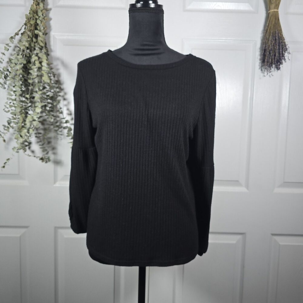 W5 Black Puff Sleeve XL Knit Blouse Black Peasant Sleeve Classic Corporate Chic